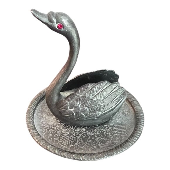 Accessories - Vintage Zinc Alloy Silver Plate Swan With Red Eyes Ring Holder Jewelry Holder